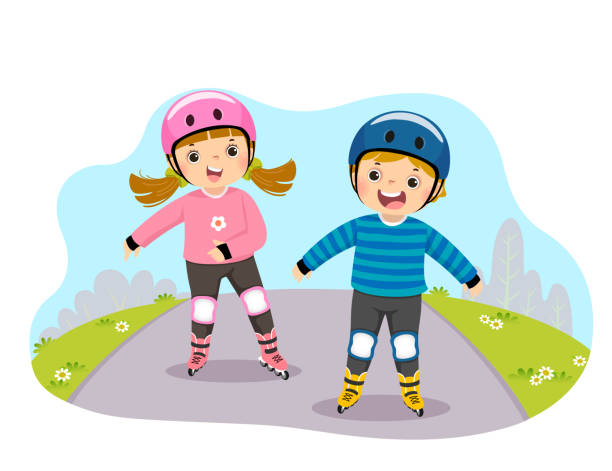 在公園裡戴著安全帽的孩子在溜冰鞋上玩耍的向量插圖漫畫。 - 單線滾軸溜冰鞋 幅插畫檔、美工圖案、卡通及圖標