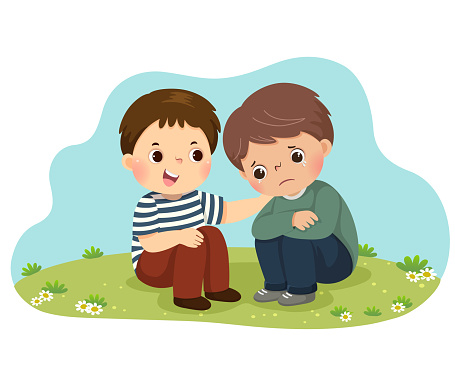Vector illustration cartoon of little boy consoling his crying friend.