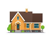 Vector Illustration Cartoon Residential Townhouse. Image Townhouse Isolated on White Background. Concept Life Outside Metropolis. Small Wooden House for Outdoor Living. Growing Trees around House