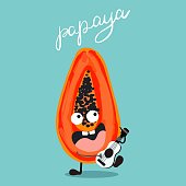 istock Vector illustration character cartoon papaya with guitar or ukulele, cheerful, cute fruit singing a song. Lettering papaya. 1404818100