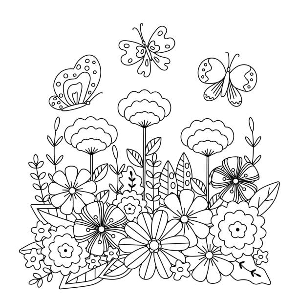 Vector illustration, children's coloring book with butterfly and flowers, square page. Vector illustration, children's coloring book with butterfly and flowers, square page. Cute and abstract ornament, black lines, sketch, Doodle. butterfly coloring stock illustrations