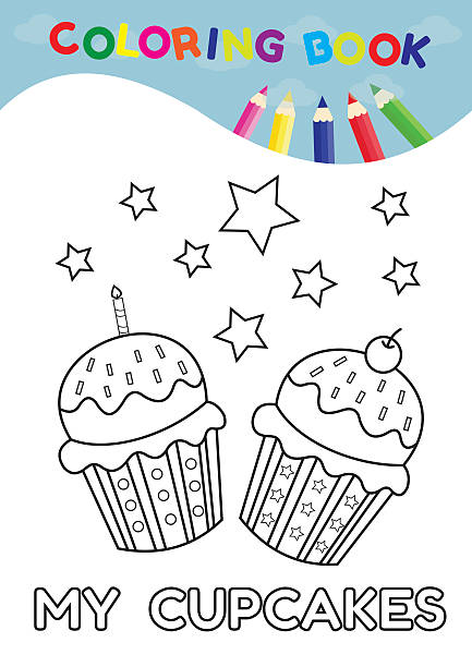Vector illustration coloring page of happy cartoon Vector illustration coloring page of happy cartoon  cupcake and number five for Preschool  children and scrap book cupcakes coloring pages stock illustrations