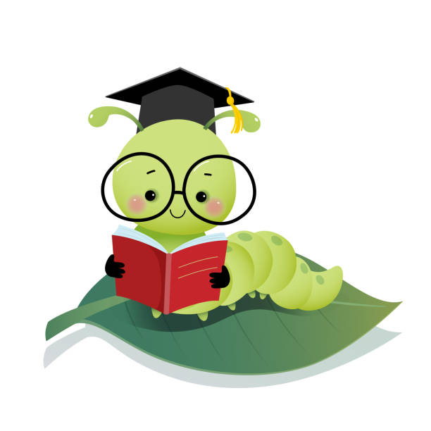 Vector illustration cute cartoon caterpillar worm wearing graduation mortarboard hat and glasses reading a book on the leaf. Vector illustration cute cartoon caterpillar worm wearing graduation mortarboard hat and glasses reading a book on the leaf. worm stock illustrations