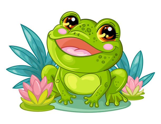 Vector illustration cute cartoon frog with a flowers Cute sitting frog character with a water lily flowers. Funny animal in cartoon style. Vector illustration isolated on white background. For card, poster,design, stickers, decor, t-shirt, kids apparel cute frog stock illustrations