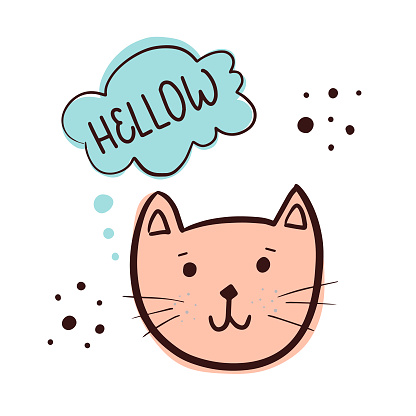 Vector illustration. Cute icon of cat's head. Hand drawn calligraphy "Hellow". Kawaii style. Pet lover. Every element is isolated. Concept for veterinary station, invitaion to birthday party.