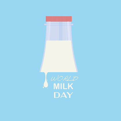 Vector illustration dedicated to World Milk Day. Top of a milk bottle with a falling drop. Blue background. Banner, logo, sign. For a wide variety of applications in your design.