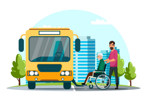 ilustrações de stock, clip art, desenhos animados e ícones de vector illustration disabilities people scene set - wheelchair street