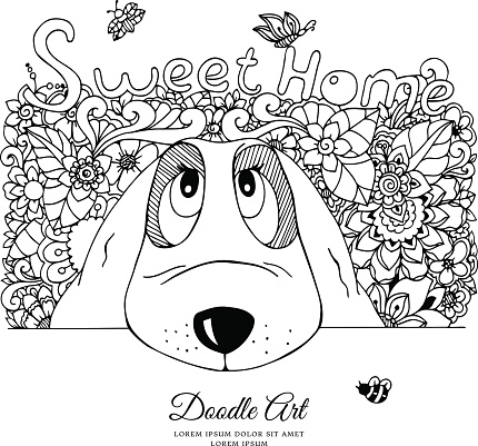 Vector illustration , dog and flowers Doodle drawing. Meditative exercise. Coloring