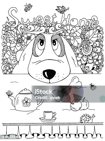 istock Vector illustration , Dog and kitchen table. Doodle flowers. Meditative exercise 610423104
