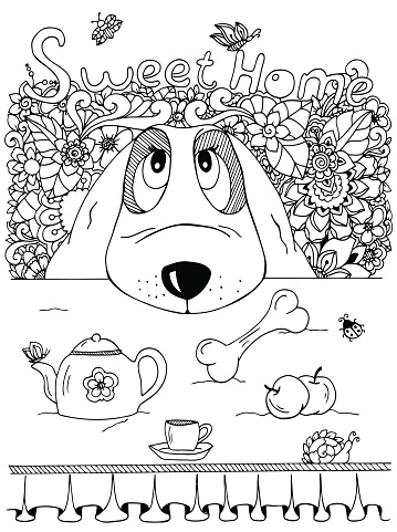 Vector illustration , Dog and kitchen table. Doodle flowers. Meditative exercise