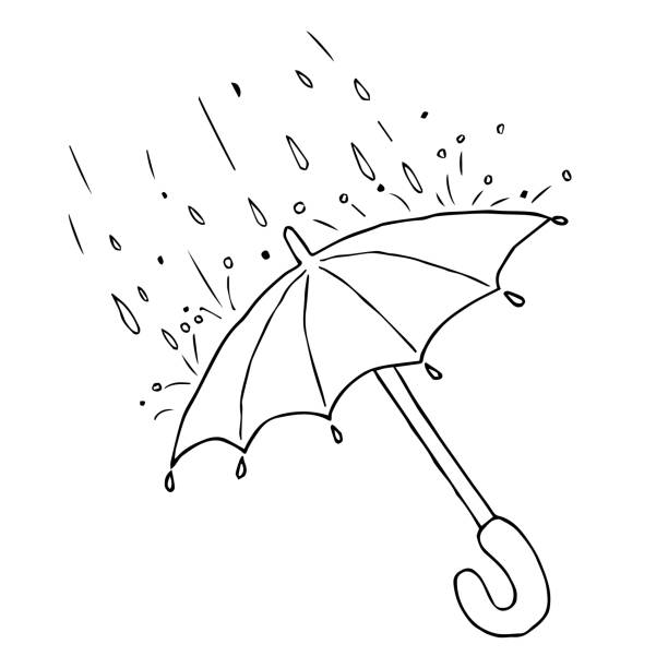Vector illustration doodle of umbrella and rainy weather isolated on white background. Hand drawn design print, logo, symbol, decor, textile, paper. Vector illustration doodle of umbrella and rainy weather isolated on white background. Hand drawn design print, logo, symbol, decor, textile, paper, poster rain drawings stock illustrations