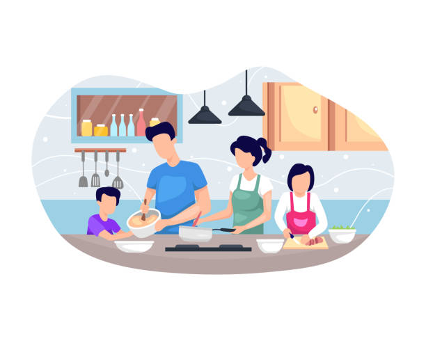 vektor-illustration familie kochen zusammen - asiatischer koch stock-grafiken, -clipart, -cartoons und -symbole