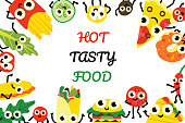 Vector illustration fast food banner with border frame of various full meals and vegetable ingredients cartoon characters with cute smiling faces in flat style isolated on white background.