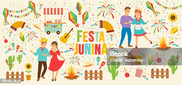 istock Vector illustration Festa Junina traditional Brazilian symbols of accordion, corn, guitar, sunflower, bonfire, fun dancing people, festive fireworks. 1399227610