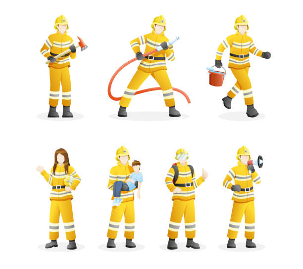 stockillustraties, clipart, cartoons en iconen met vector illustratie brandweerlieden met apparatuur - save water bucket