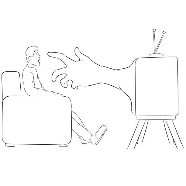 Vector illustration flat design. Hand from tv reach for man, doodle. Vector illustration flat design. Hand from tv reach for man, doodle. person hypnotized by mass media stock illustrations