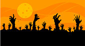 istock Vector illustration, Flat Style, Horror halloween background, silhouette of zombie hands come out of the ground or the cemetery on top there is a full moon, can use for card, poster, banner, invitation 1266092413
