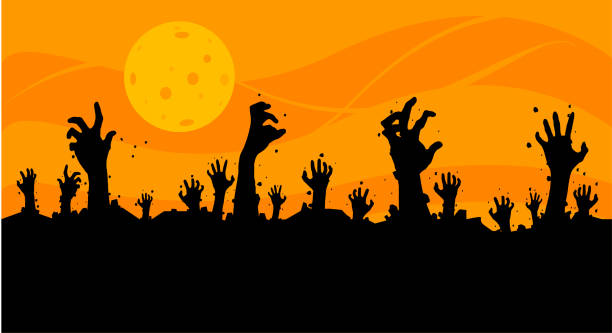 Vector illustration, Flat Style, Horror halloween background, silhouette of zombie hands come out of the ground or the cemetery on top there is a full moon, can use for card, poster, banner, invitation Vector illustration, Flat Style, Horror halloween background, silhouette of zombie hands come out of the ground or the cemetery on top there is a full moon, can use for card, poster, banner, invitation zombie stock illustrations