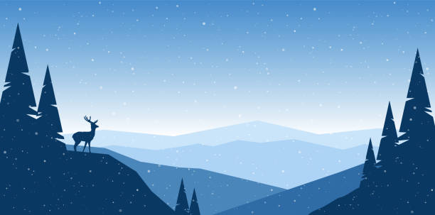bildbanksillustrationer, clip art samt tecknat material och ikoner med vektor illustration: platt vintern berg landskap med kullar, tall och silhuetten av rådjur. - rådjur