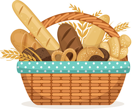 Vector illustration for bakery shop. Basket with wheat and fresh bread. Bakery bread in wicker basket, food healthy breakfast