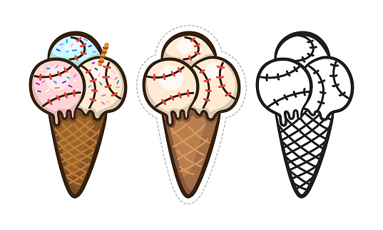 Vector illustration for baseball isolated. Ice cream sports ball for birthday design, greeting cards, holiday posters, print shirt, template for cutting, scrapbooking, cartoon style.