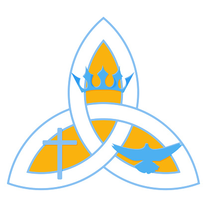 Vector illustration for Christian community: Holy Trinity. Trinity symbol with three hypostases as one God: Crown for the Father, Cross for the Son Jesus Christ, and the Holy Spirit as a dove.