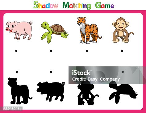 istock Vector illustration for learning  shadow of different shapes. For children witch  4 cartoon image Pig, Turtle, Tiger, Monkey. 1339430464