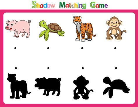 Vector illustration for learning  shadow of different shapes. For children witch  4 cartoon image Pig, Turtle, Tiger, Monkey.