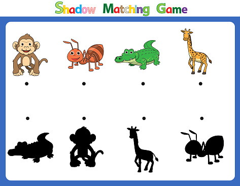 Vector illustration for learning  shadow of different shapes. For children witch  4 cartoon images Monkey, Ant, Crocodile, Giraffe