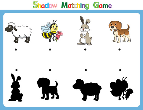 Vector illustration for learning  shadow of different shapes. For children witch  4 cartoon images Sheep, Bee, Rabbit, Dog.