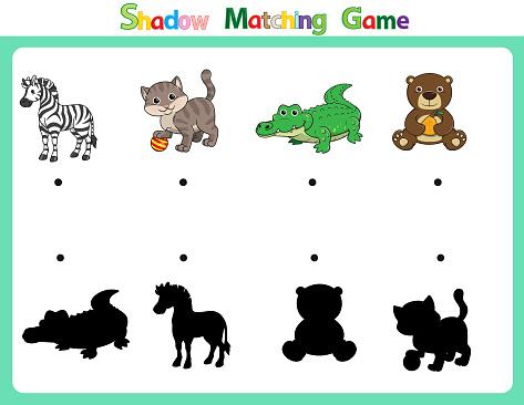 Vector illustration for learning  shadow of different shapes. For children witch  4 cartoon images Zebra, Cat, Crocodile, Bear   .