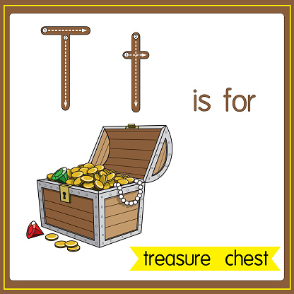 Vector illustration for learning the alphabet For children with cartoon images. Letter T is for treasure chest.