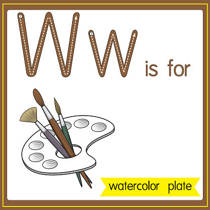 Vector illustration for learning the alphabet For children with cartoon images. Letter W is for watercolor plate.