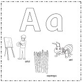 Black and white vector illustration for learning to write English alphabets with cartoons for children. Uppercase and lowercase letters, scribble, make, stickers, cut and paste, learning pages for kids.