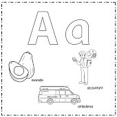 Black and white vector illustration for learning to write English alphabets with cartoons for children. Uppercase and lowercase letters, scribble, make, stickers, cut and paste, learning pages for kids.