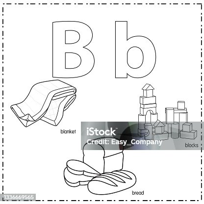 istock Vector illustration for learning the letter B in both lowercase and uppercase for children with 3 cartoon images. blanket blocks bread. 1336669565