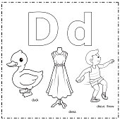istock Vector illustration for learning the letter D in both lowercase and uppercase for children with 3 cartoon images. Duck Dress Discus Throw. 1336671260