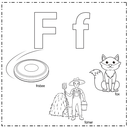 Vector illustration for learning the letter F in both lowercase and uppercase for children with 3 cartoon images. Frisbee Famer Fox.