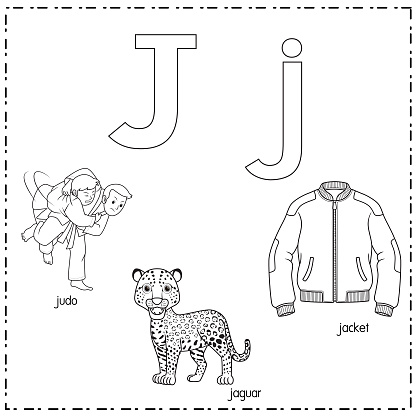 Vector illustration for learning the letter J in both lowercase and uppercase for children with 3 cartoon images. judo jaguar jacket.