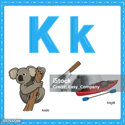 istock Vector illustration for learning the letter K in both lowercase and uppercase for children with 3 cartoon images. Koala Knife Kayak. 1337532268