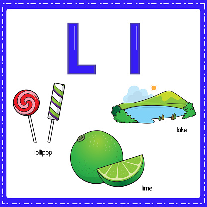 Vector illustration for learning the letter L in both lowercase and uppercase for children with 3 cartoon images. Lollipop Lime Lake.