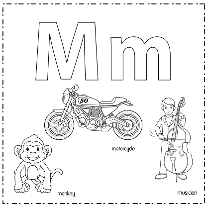 Vector illustration for learning the letter M in both lowercase and uppercase for children with 3 cartoon images. Monkey Motorcycle Musician.