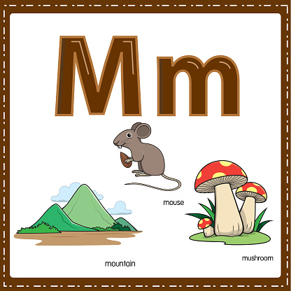 Vector illustration for learning the letter M in both lowercase and uppercase for children with 3 cartoon images. Mountain Mouse Mushroom.