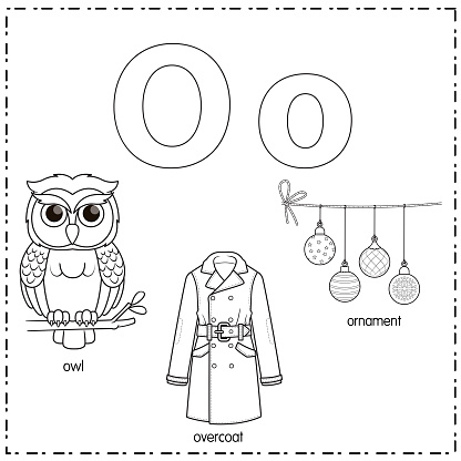 Vector illustration for learning the letter O in both lowercase and uppercase for children with 3 cartoon images. Owl Overcoat Ornament.