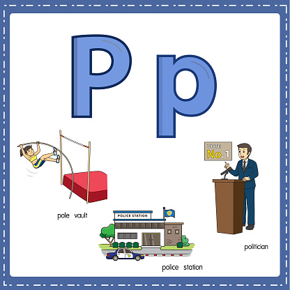 Vector illustration for learning the letter P in both lowercase and uppercase for children with 3 cartoon images. Pole Vault Police Station Politician.