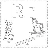istock Vector illustration for learning the letter R in both lowercase and uppercase for children with 3 cartoon images. Rabbit Ruler Rocking horse. 1336881557