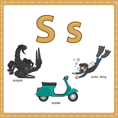 Vector illustration for learning the letter S in both lowercase and uppercase for children with 3 cartoon images. Scorpion Scooter Scuba diving.