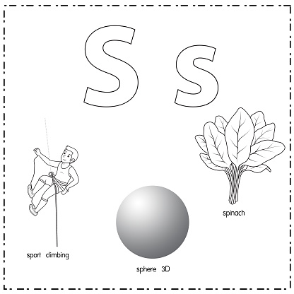 Vector illustration for learning the letter S in both lowercase and uppercase for children with 3 cartoon images. Sport Climbing Sphere 3D Spinach.