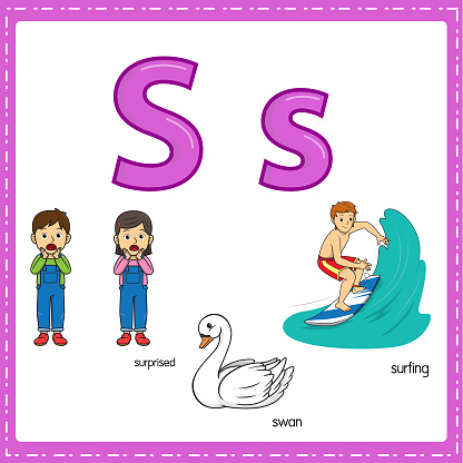 Vector illustration for learning the letter S in both lowercase and uppercase for children with 3 cartoon images. Surprised Swan Surfing.
