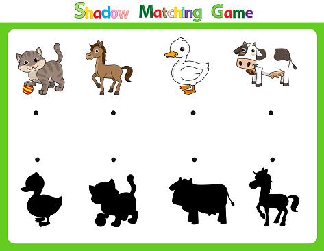 Vector illustration for learning the letter Shadow in both lowercase and uppercase for children with 4 cartoon images. Cat, Horse, Duck, Cow.